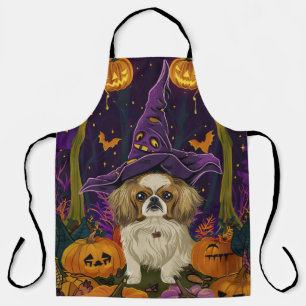 Gruseliger Pekingese-Hund Halloween-Hexe und Kürbi Schürze