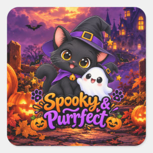 Gruseliger perfekter Halloween-Schwarzk Katzen-Run Quadratischer Aufkleber