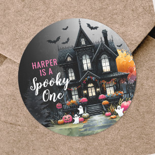 Gruseliger Pinker Halloween 1. Geburtstag Party Runder Aufkleber