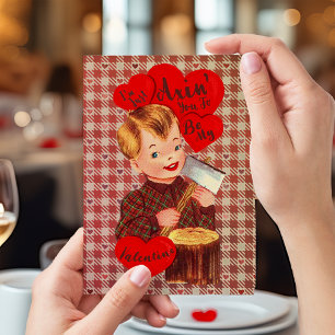 Gruseliger Retro-Valentinstag Vintage-Junge mit Ax Feiertagspostkarte