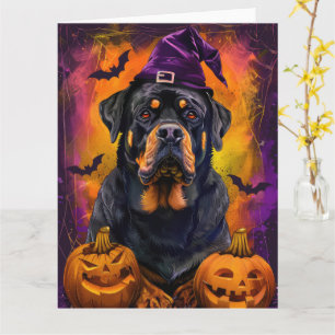 Gruseliger Rottweiler-Hund Halloween-Hexe und Kürb Karte