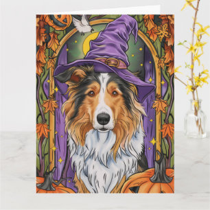 Gruseliger Rough Collie Hund Halloween Hexe Kürbis Karte