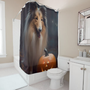 Gruseliger Rough Collie mit Kürbissen Halloween Duschvorhang