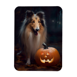 Gruseliger Rough Collie mit Kürbissen Halloween Magnet