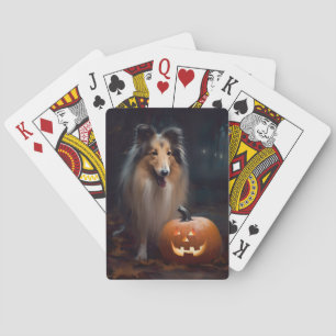 Gruseliger Rough Collie mit Kürbissen Halloween Spielkarten