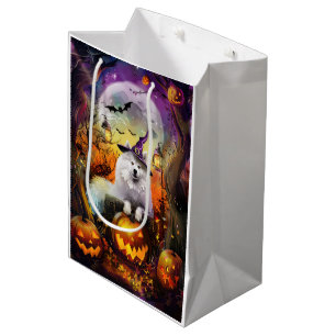 Gruseliger Samojede-Hund Halloween-Hexe und Kürbis Mittlere Geschenktüte