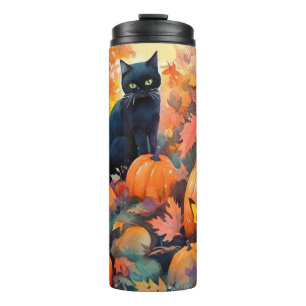 Gruseliger schwarzer Halloween-Kater mit Kürbissen Thermosbecher