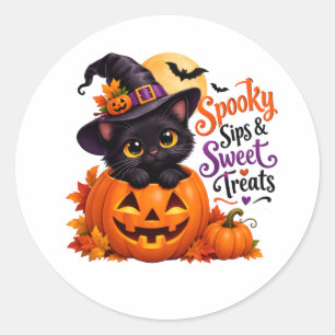 Gruseliger schwarzer Kater & Kürbis Halloween-Aufk Runder Aufkleber