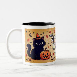 Gruseliger Schwarzer-Katze-Halloween-Becher Zweifarbige Tasse