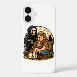 Gruseliger Sensenmann mit Mädchen und Hund-Skelett iPhone 16 Hülle