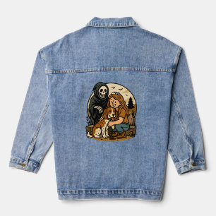 Gruseliger Sensenmann mit Mädchen und Hund-Skelett Jeansjacke