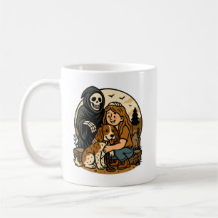 Gruseliger Sensenmann mit Mädchen und Hund-Skelett Kaffeetasse