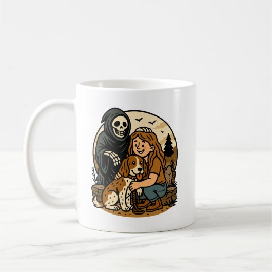 Gruseliger Sensenmann mit Mädchen und Hund-Skelett Kaffeetasse (Links)