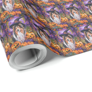 Gruseliger Shetland Sheepdog Halloween Hexen-Kürbi Geschenkpapier