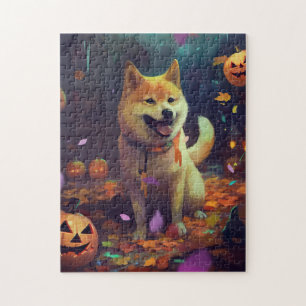 Gruseliger Shiba Inu mit Kürbissen Halloween Puzzle
