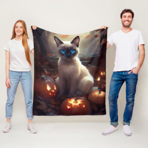 Gruseliger siamesischer Halloween-Katz mit Kürbiss Fleecedecke
