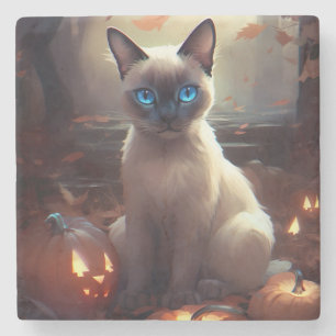 Gruseliger siamesischer Halloween-Katz mit Kürbiss Steinuntersetzer