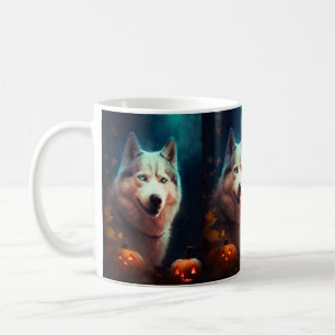 Gruseliger Siberian Husky mit Kürbissen an Hallowe Kaffeetasse