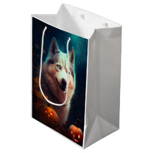 Gruseliger Siberian Husky mit Kürbissen Halloween  Mittlere Geschenktüte