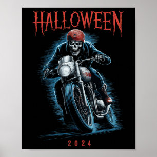 Gruseliger Skelett-Biker auf Motorrad Halloween-Sp Poster
