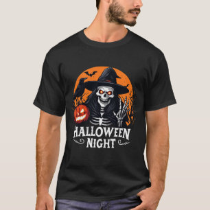 Gruseliger Skelett mit leuchtendem Kürbis-Hexenhut T-Shirt