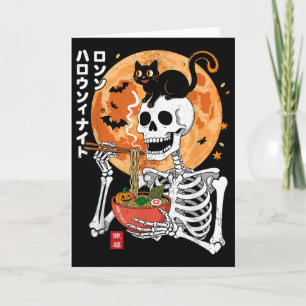 Gruseliger Skelett-Ramen-Schüssel mit Katze Hallow Karte