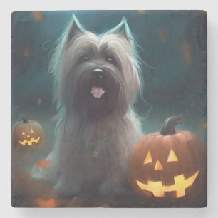 Gruseliger Skye Terrier mit Kürbissen Halloween  Steinuntersetzer