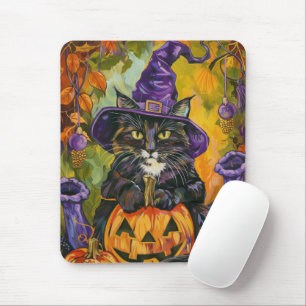 Gruseliger Smoking-Kater Halloween-Hexe und Kürbis Mousepad