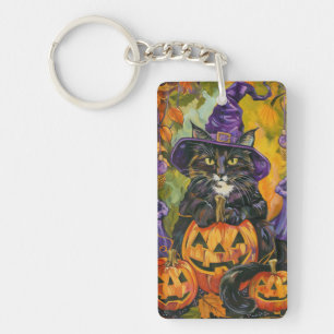 Gruseliger Smoking-Katze-Halloween-Hexe und Kürbis Schlüsselanhänger