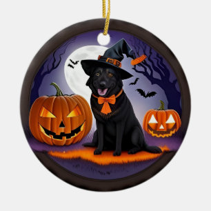 🧙‍♀️🐶 Gruseliger Süßer Hexen Hund & Kürbis Nacht Keramik Ornament
