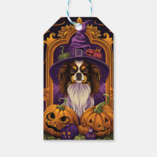 Gruseliger Tibet-Spaniel-Hund Halloween-Hexe Kürbi Geschenkanhänger