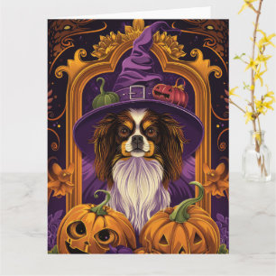 Gruseliger Tibet-Spaniel-Hund Halloween Hexe Kürbi Karte