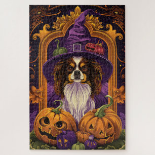 Gruseliger Tibet Spaniel Hund Halloween Hexe Kürbi Puzzle