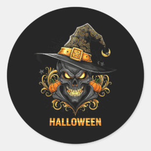 Gruseliger Totenkopf-Hexenhut Halloween-Horror-Y-K Runder Aufkleber