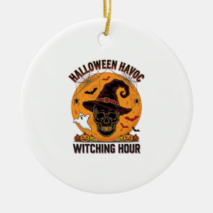 Gruseliger Totenkopf-Mond Vintage-Halloween-Hexenh Keramik Ornament