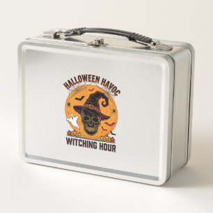 Gruseliger Totenkopf-Mond Vintage-Halloween-Hexenh Metall Brotdose