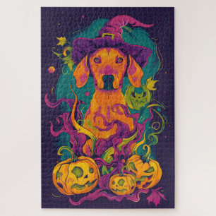 Gruseliger Vizsla-Hund Halloween-Hexe und Kürbis Puzzle