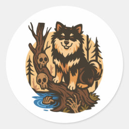 Gruseliger Waldhund mit Totenköpfen Horror-Kunst Runder Aufkleber