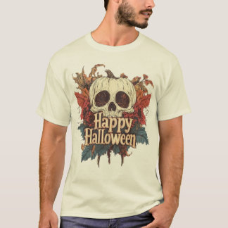 Gruseliger weißer Kürbisschädel mit Herbstlaub-Kun T-Shirt