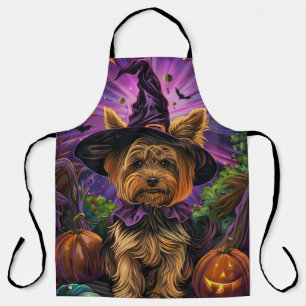 Gruseliger Yorkipoo-Hund Halloween-Hexe und Kürbis Schürze