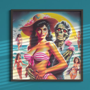 Gruseliger Zombie-Strand-Pin-up Poster