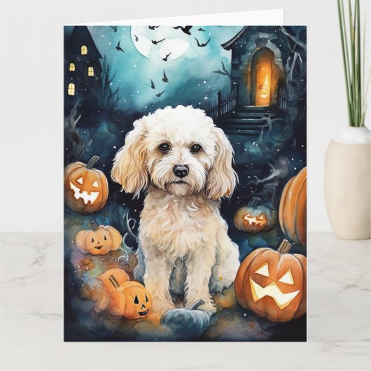 Gruseliges Halloween-Cockapoo mit Kürbissen Karte (Vorderseite)