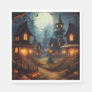 Gruseliges Halloween-Dorf mit Vogelscheuche Serviette