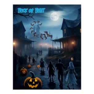 Gruseliges Halloween-Geisterstadt-Süßigkeiten oder Poster