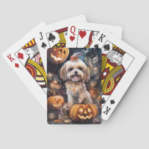 Gruseliges Halloween Lhasa Apso mit Kürbissen  Spielkarten