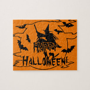 Gruseliges Halloween-Rätsel mit schwarzer Hexe und Puzzle