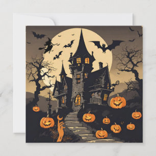 Gruseliges Halloween Spukhaus, Kürbisse, Fledermäu Feiertagskarte