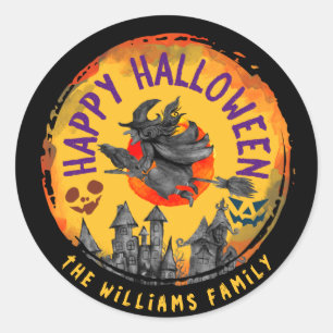 Gruseliges Happy Halloween Orange Hexenbesen Runder Aufkleber