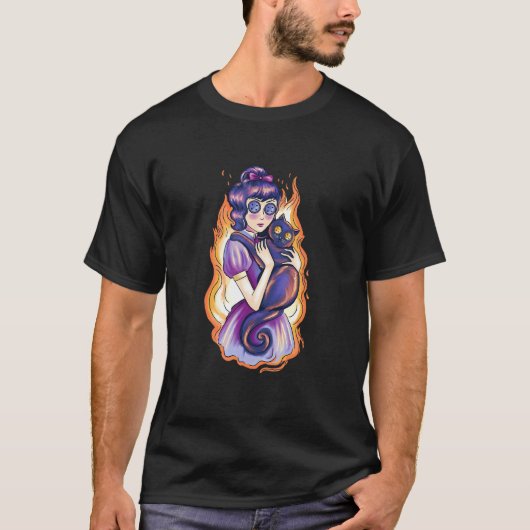 Gruseliges Mädchen mit Katze T-Shirt (Vorderseite)