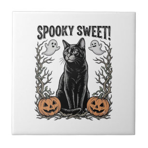 Gruseliges schwarzes Katze Vintage-Halloween-Gravu Fliese
